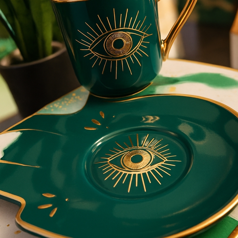 Elegant Green and Gold Eye Design Mug and Plate Set